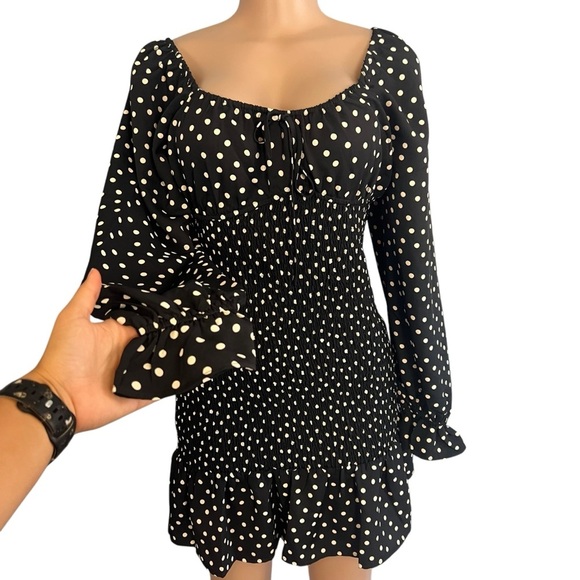 Express Long Sleeve Smocked Black Polka Dot Dress - Picture 4 of 12